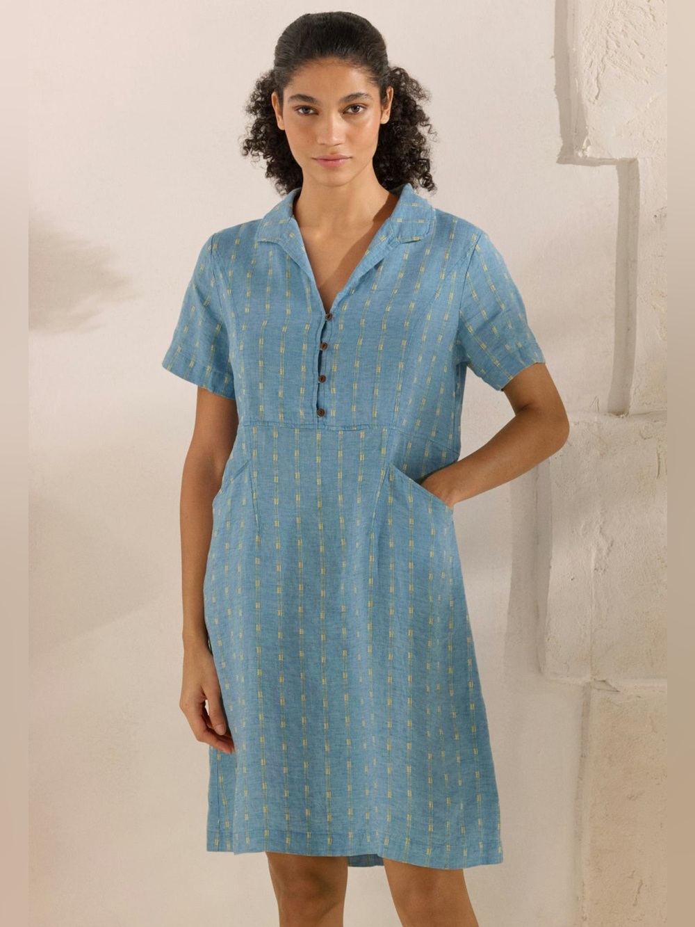 Poetry Striped Dress Délavé Linen & Cotton Blue Shirt with Yellow Stripe 16 - Picture 8 of 11